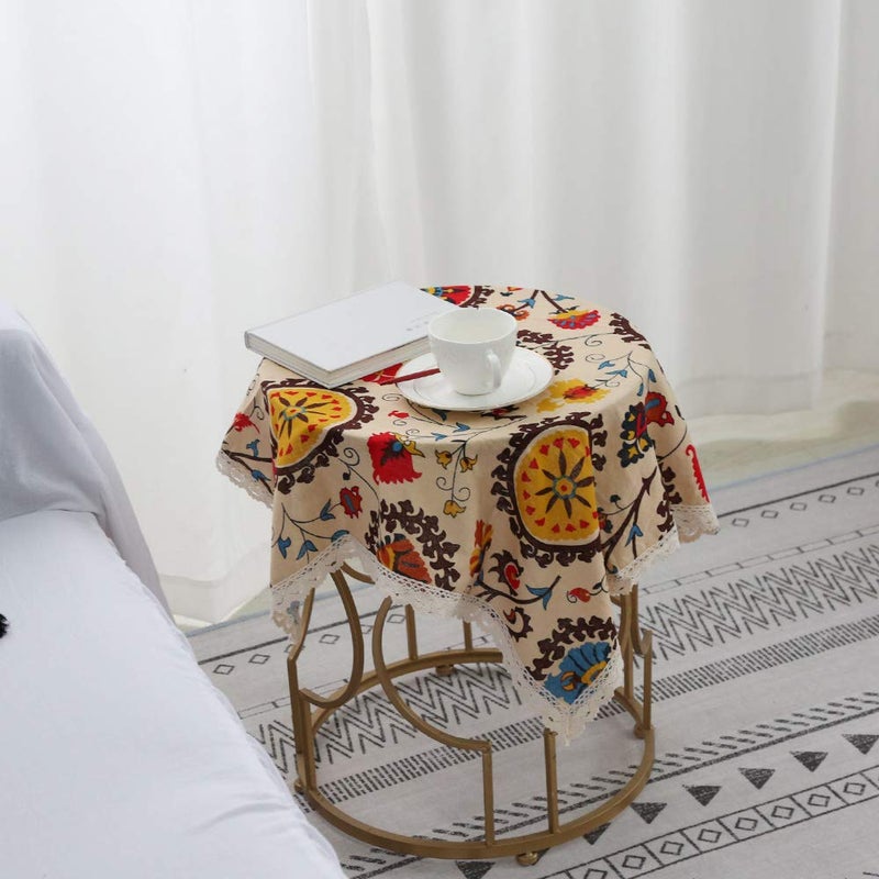 Aothpher Modern Boho Floral Jacquard Washable Tablecloths with Lace for Dining Table, 35x35 Inches - Image 4